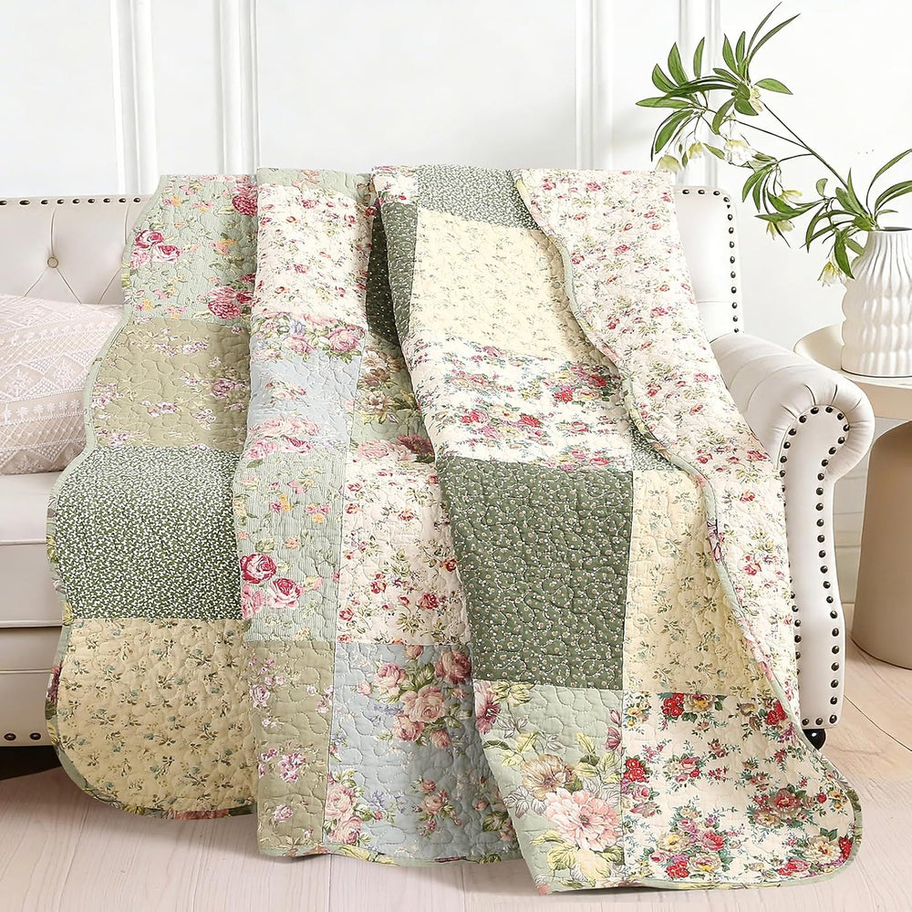 vctops 100% Cotton Quilted Throw Blanket 50x60 Inch Floral Patchwork Reversib...