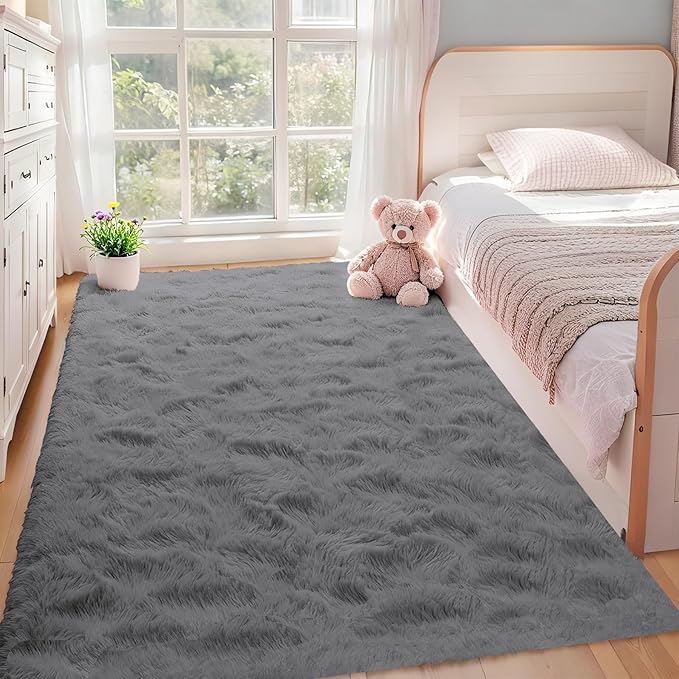 Dark Grey Rugs for Bedroom: 4x6 Fluffy Shag Soft Washable Rug Fuzzy Plush - Image 3