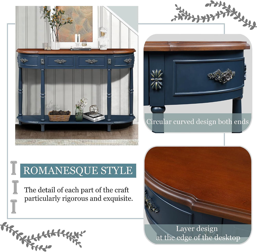 P PURLOVE Curved Console Table with 2 Drawers, Retro Sofa Table with Solid Wo...