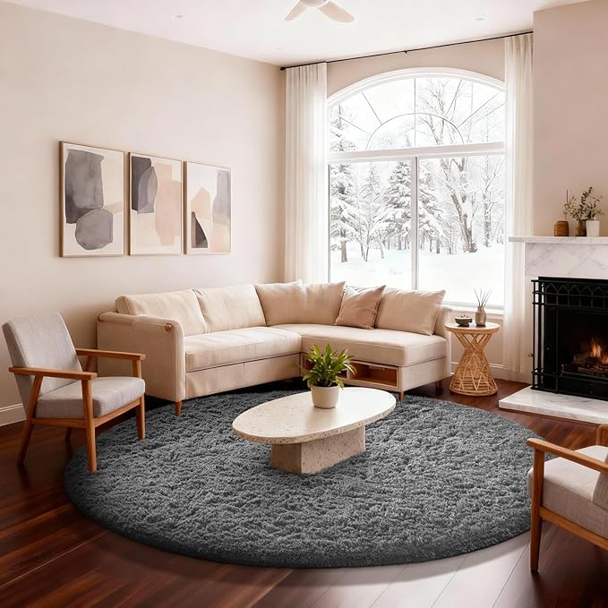 Ophanie Round Rug 6Ft Grey Circle Area Rugs, Fluffy Fuzzy Large Bedroom Carpet by Ophanie