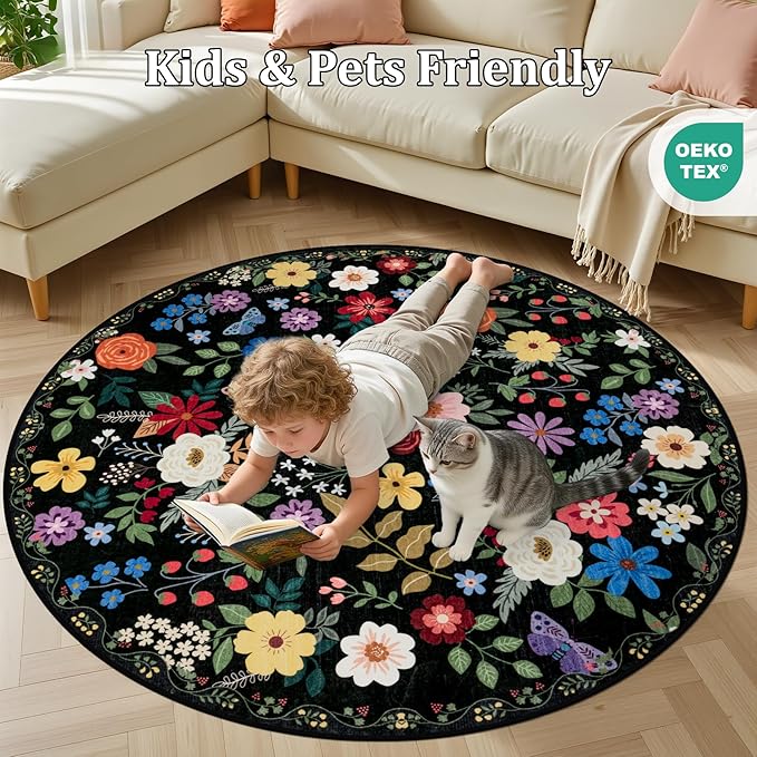 Round Area Rug for Living Room: 6 ft Floral Washable Circle Rug Soft Boho - Image 8