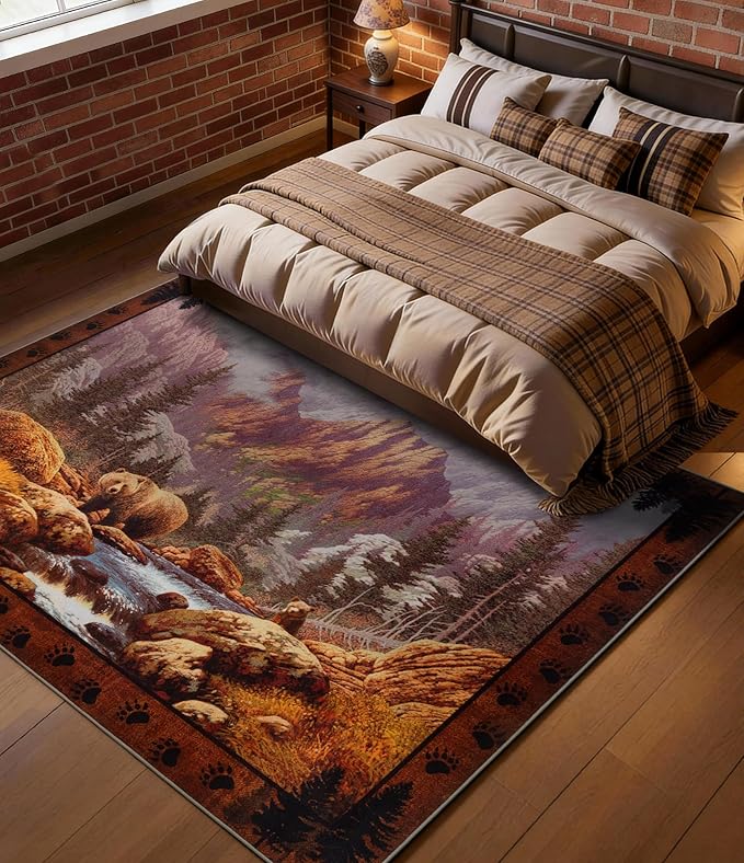 YIHOUSE Rustic Cabin Area Rug for Bedroom 4x6, Machine Washable Forest Bear Rug - Image 3