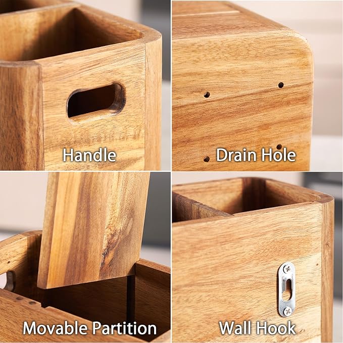 12" Wooden Kitchen Utensil Holder, Extra Large Acacia Wood Organizer - Image 5