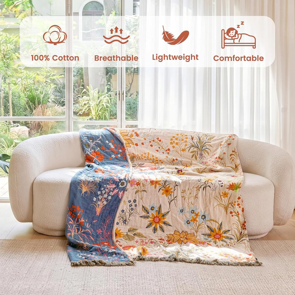 MSGKV Boho Throw Blanket 60"x80" Cotton Floral Twin Blanket for Cou...