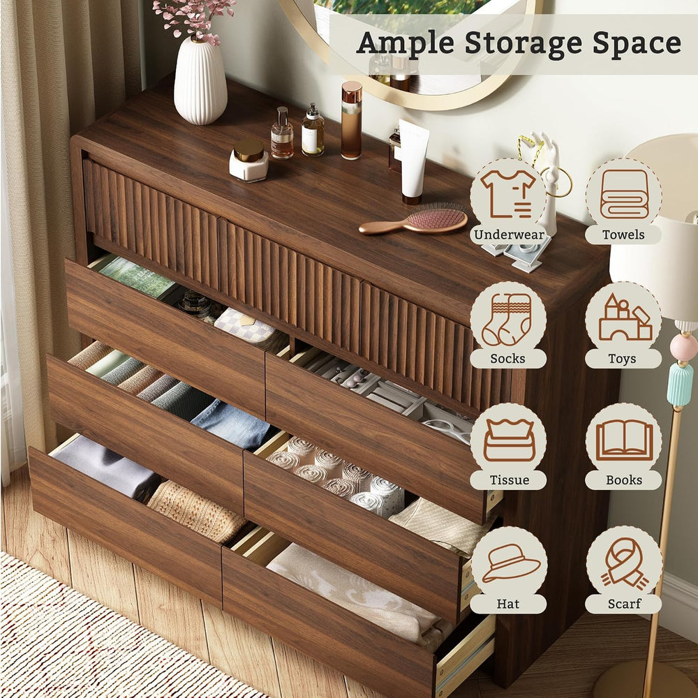 LYNSOM Walnut Fluted 9 Drawer Dresser for Bedroom, Curved Edge, 50" Wide
