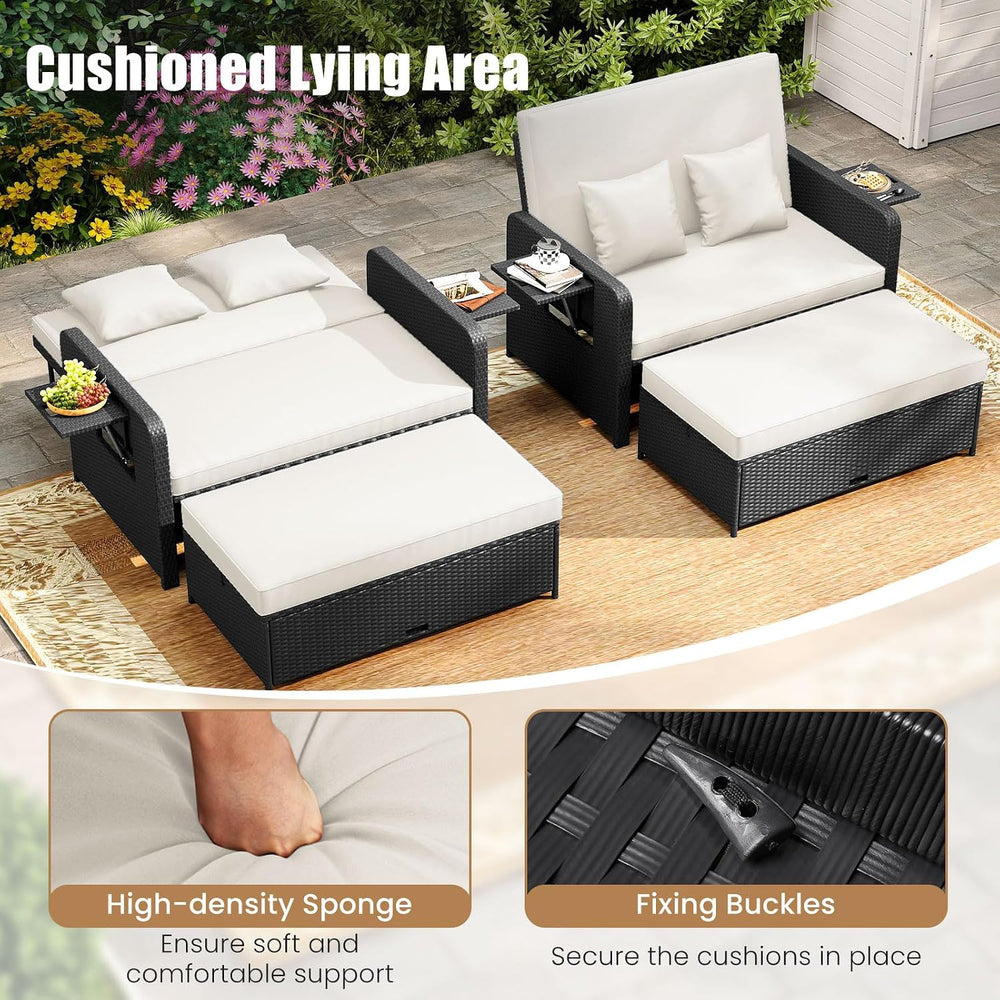 COSTWAY Patio Rattan Daybed with Cushions, Outdoor Wicker Loveseat Sofa
