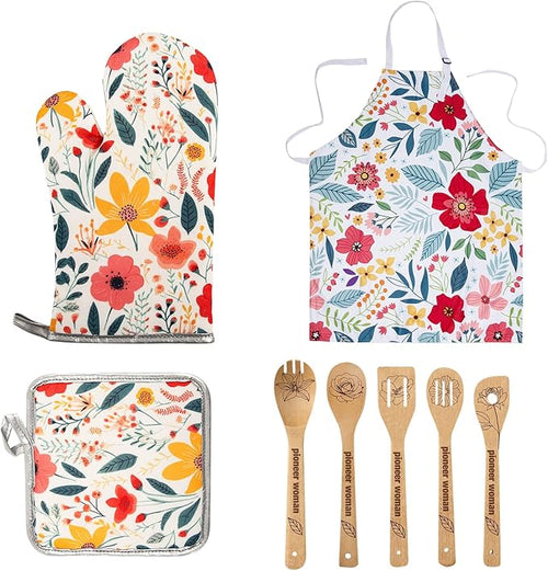 8 Pcs Kitchen Stuff Accessories Include 5 Cute Wooden Spoons & 1 Floral Kitchen by Qchengsan