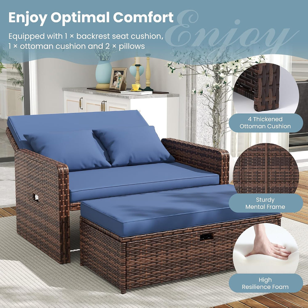 Amopatio Wicker Outdoor Daybed, Patio Daybed with Ottoman,Blue
