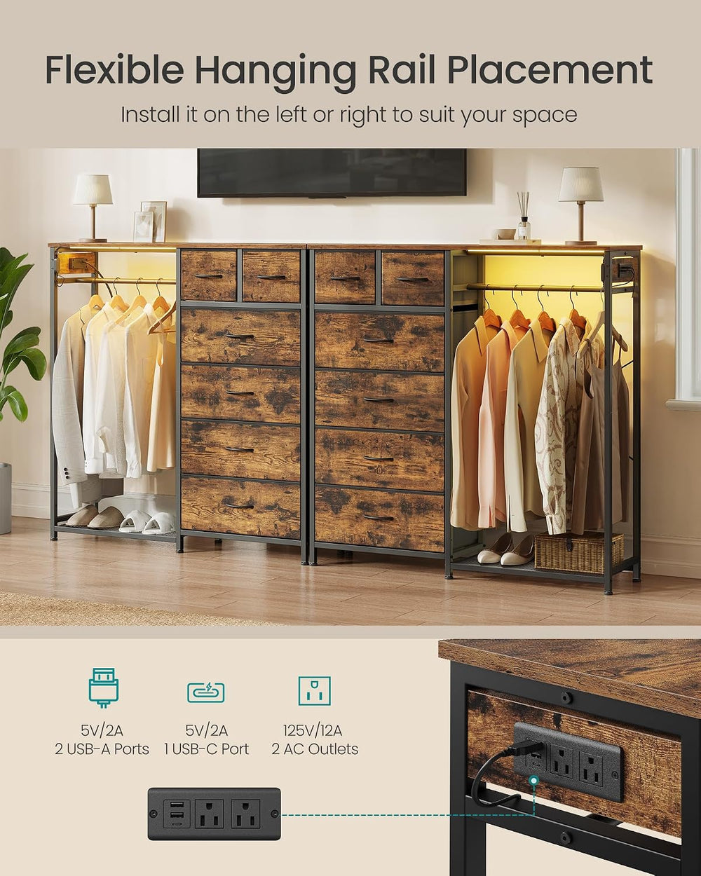 SONGMICS Dresser with Hanging Rod, Closet Organizer with 6 Fabric Drawers