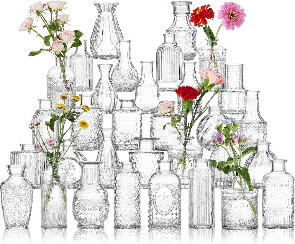 Glass Bud Vase Set of 32 Pcs, Vintage Clear Small Glass Vases for Flowers, Gl...