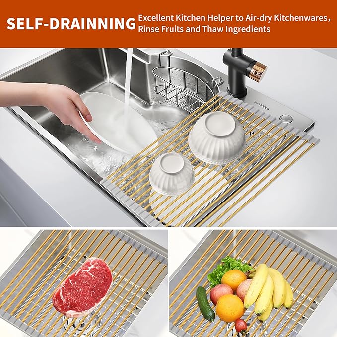 Golden Roll-UP Dish Drying Rack-Large Stainless Steel Dish Drainer Over The Sink - Image 3