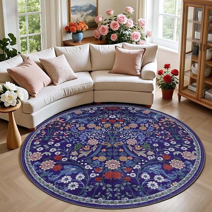 Round Area Rug for Living Room: 6 ft Floral Washable Circle Rug Soft Boho by PLHXFRSoftAreaRugs