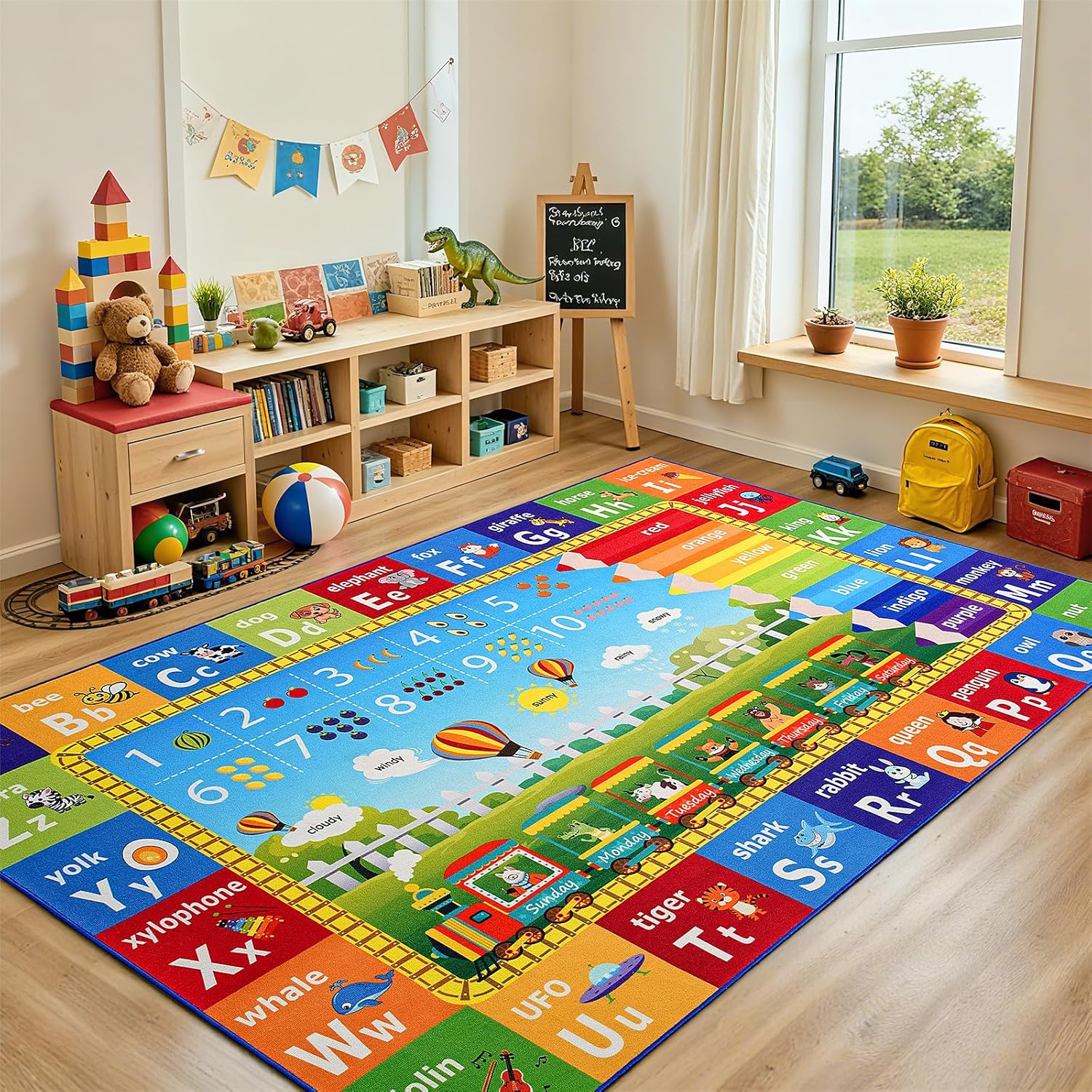 5x7 Kids Rug for Playroom Classroom Bedroom,ABC Rugs | Educational Rug for Learning Alphabet,Numbers,Colors,Season and Animal Words,Non Slip Washable Play Mat for Toddler Decor