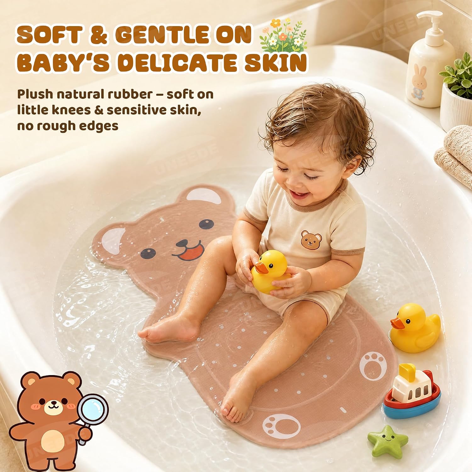UNEEDE Non Slip Bathtub Mat for Kids | Natural Rubber Toddler Bath Mat with 126 Suction Cups and 43 Drainage Holes, Soft Machine Washable Bathroom Essentials