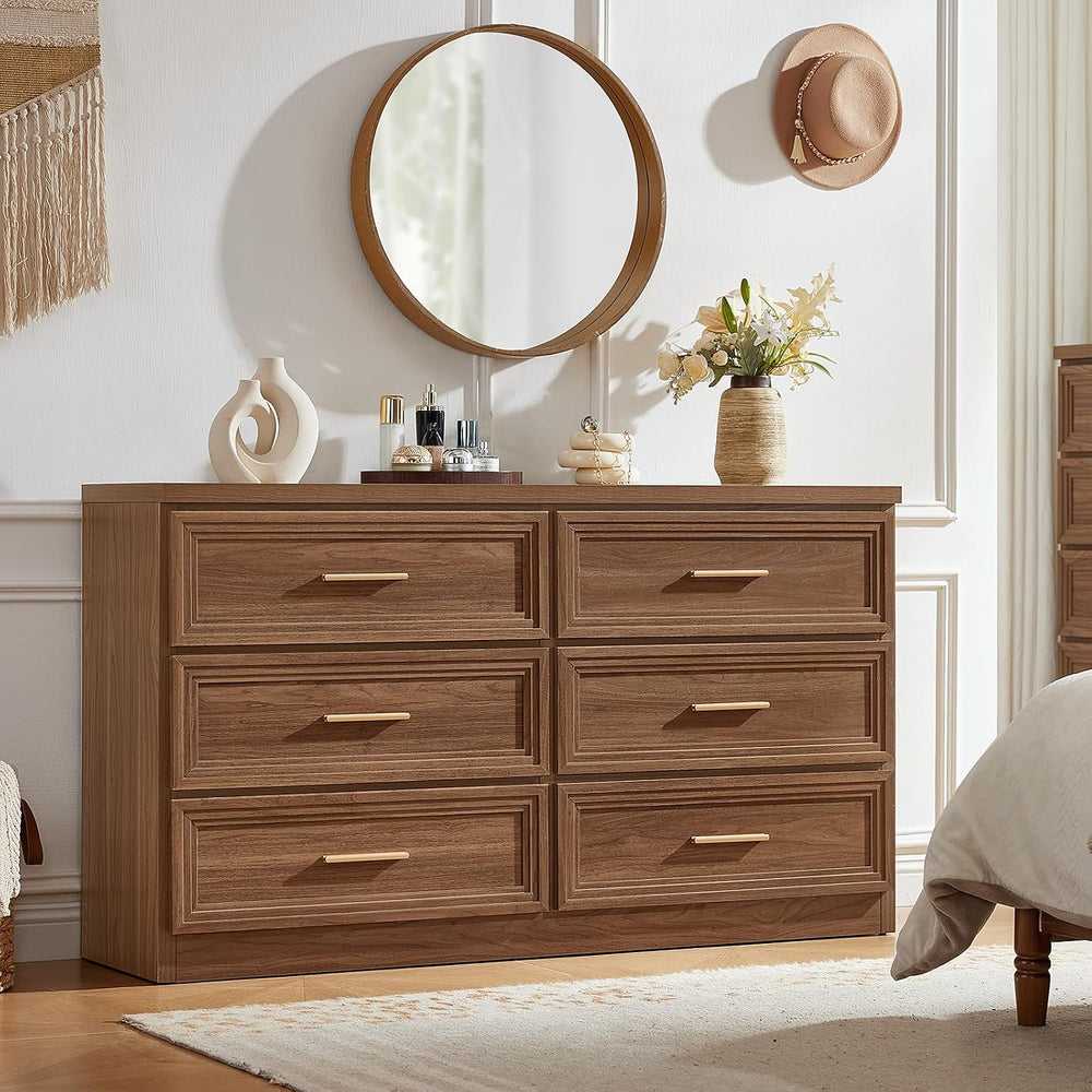 RWYHG 55.1" Wide Farmhouse 6 Drawers Dresser for Bedroom, Light Walnut