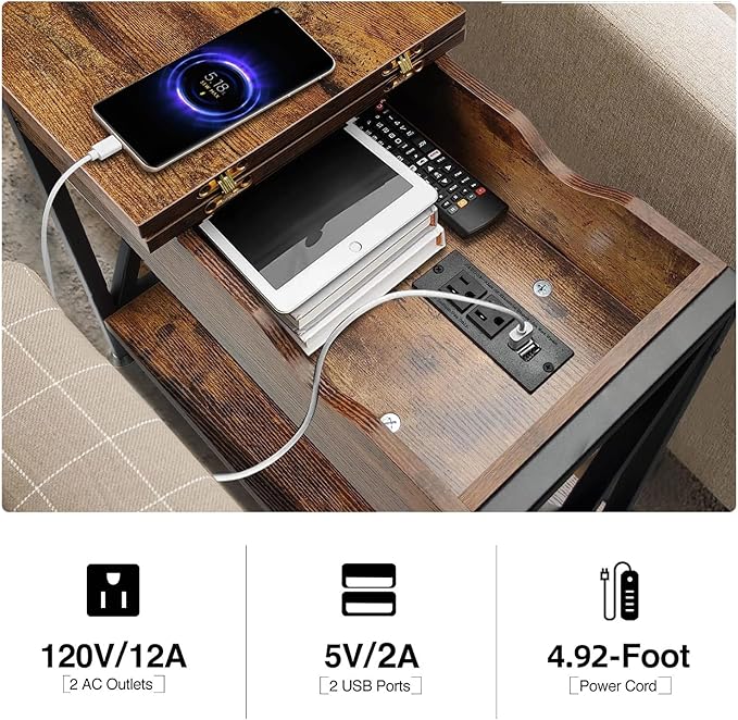 TooCust End Tables Living Room with Charging Station, 11.2" D x 24"...