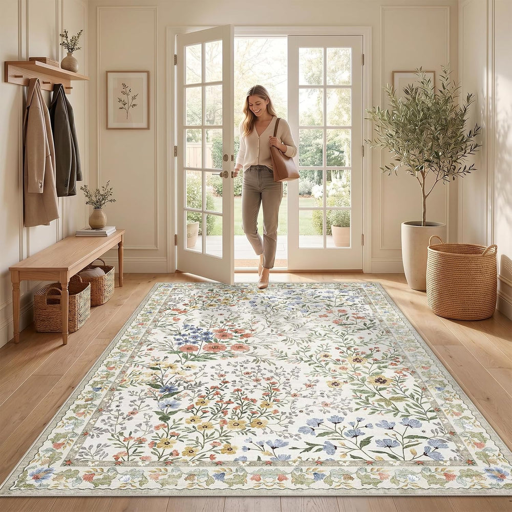 5x7 Vintage Floral Area Rug: Washable Living Room Bedroom Accent Rug – Non Sl...