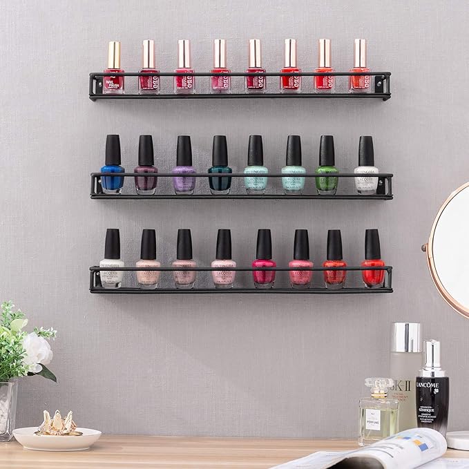 MyGift Set of 3 Wall-Mounted Black Metal Nail Polish and Essential Oils Display - Image 2