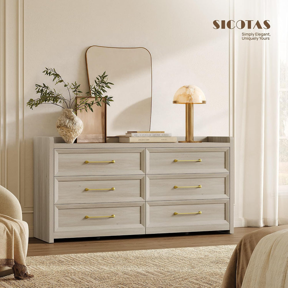 SICOTAS 6 Drawer Dresser for Bedroom-56.4" Extra-Wide Wood Chest of Drawers