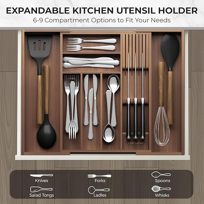 TIOPGHAD Bamboo-Silverware-Drawer-Organizer-Kitchen, Expandable Utensil Holder