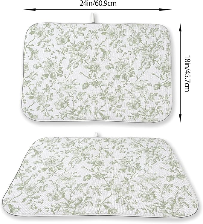 Sage Green Floral Dish Drying Mat 18 x 24 Inch Vintage Light Green Floral - Image 4