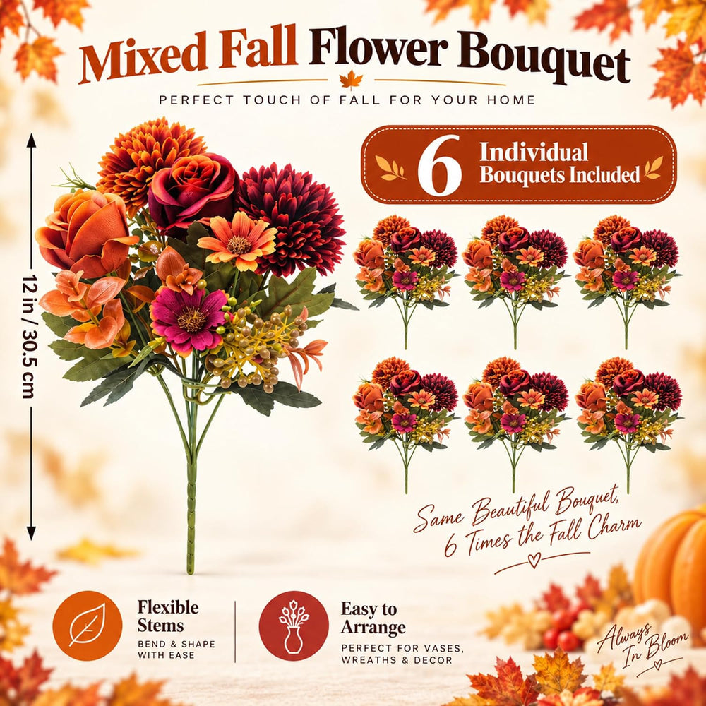 Norme 6 Pcs Fall Artificial Mums Faux Flowers for Outdoor, Soft Autumn Mix