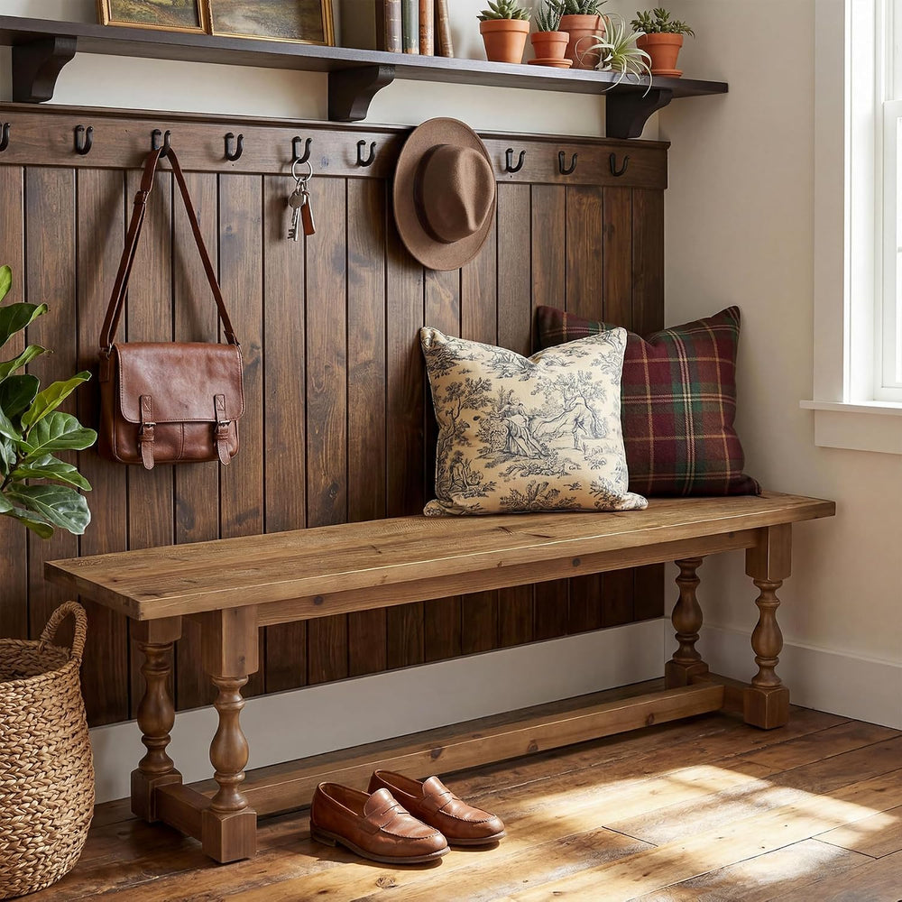 Rustic Solid Wood Entryway Bench, 59.1" Long Farmhouse Dining Seat with ...