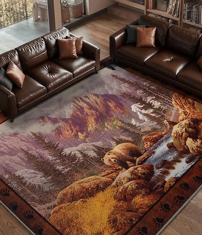 YIHOUSE Rustic Cabin Area Rug for Bedroom 6x9, Machine Washable Woodland Bear - Image 3