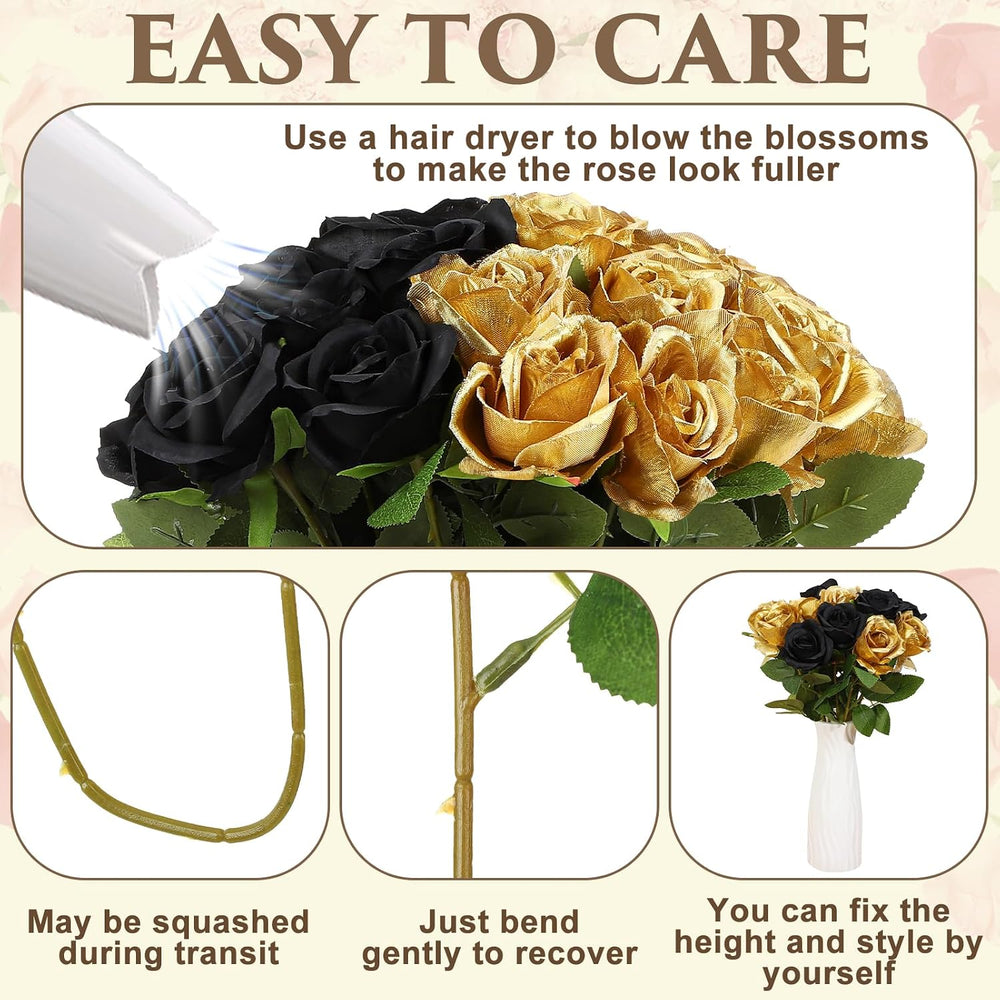 36 Pcs Silk Black Gold Rose Bouquet Bridal Artificial Flowers