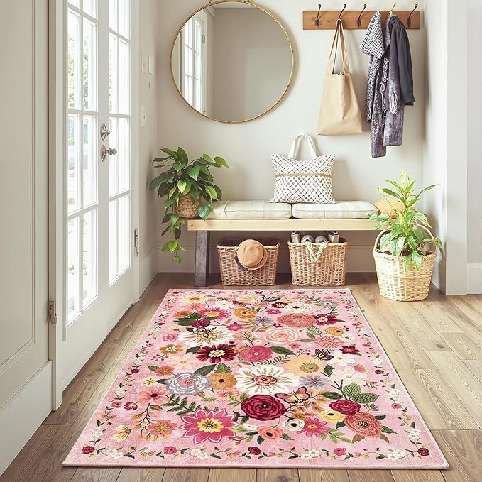 Floral Machine Washable Rug Pink, 3x5 Rug Non Slip Soft Bedroom Rugs - Image 2