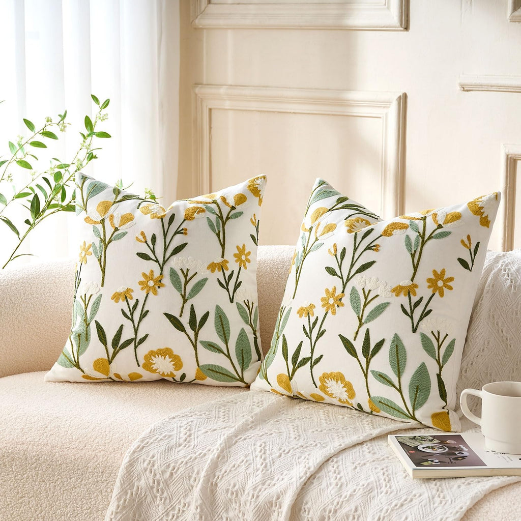 Embroidered Floral Throw Pillow Covers Summer Decorative Couch Pillow Covers Farmhouse Green Floral Tufted Pillow Covers 20x20 Square Cushion Cases Set of 2 for Living Room Couch Sofa Bed Home Decor