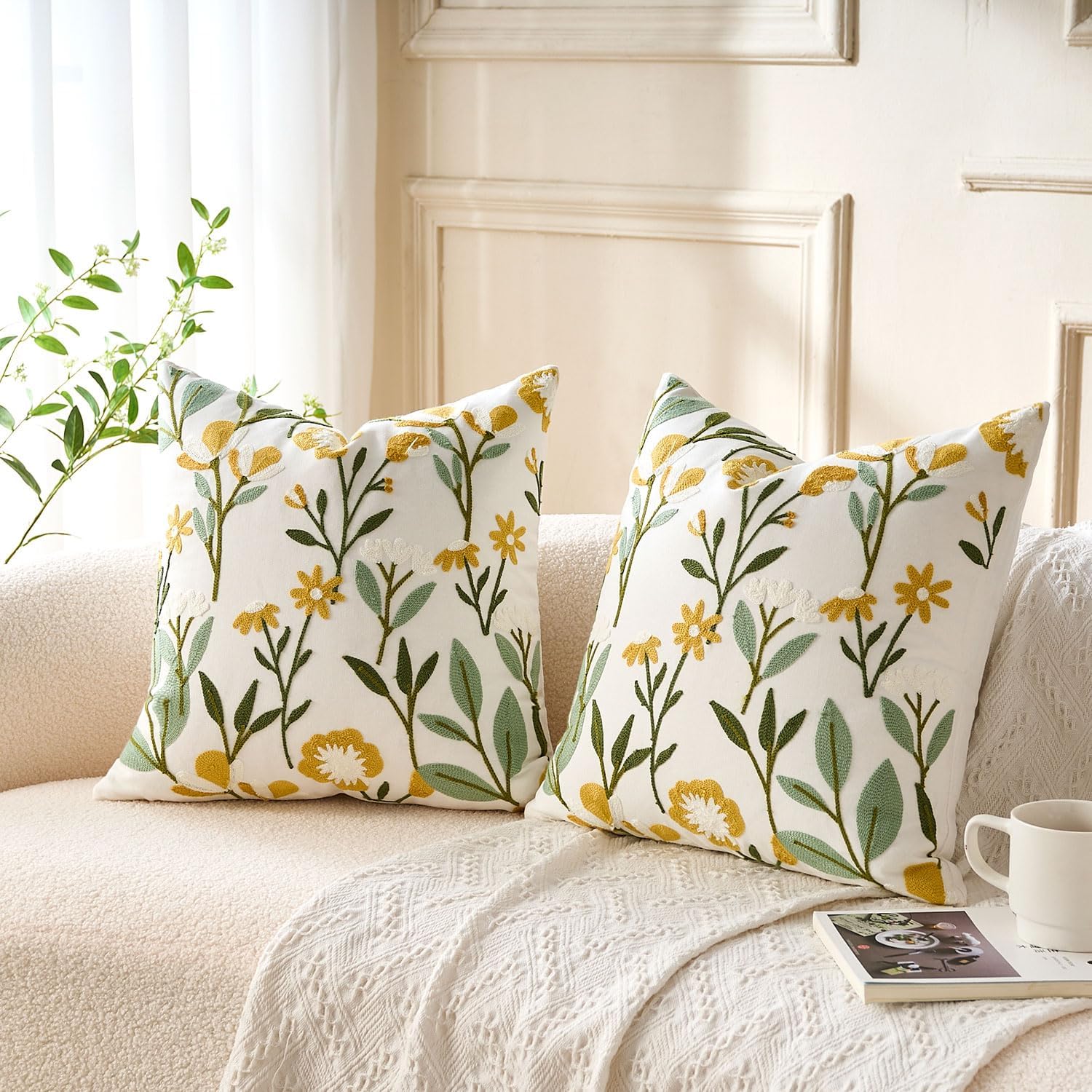 Embroidered Floral Throw Pillow Covers Summer Decorative Couch Pillow Covers Farmhouse Green Floral Tufted Pillow Covers 20x20 Square Cushion Cases Set of 2 for Living Room Couch Sofa Bed Home Decor