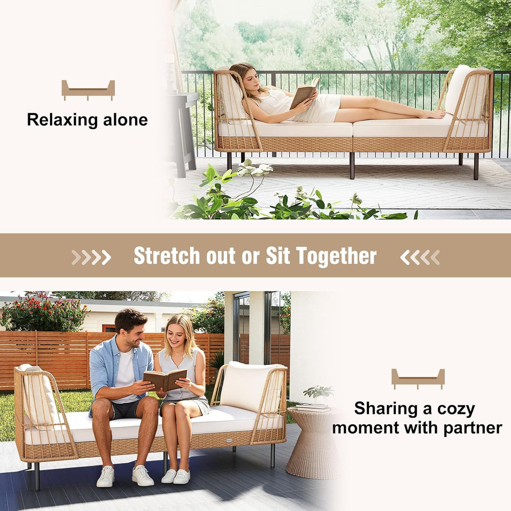 Tangkula Patio Rattan Daybed, Boho Wicker Lounge Sofa, Natural & Off White