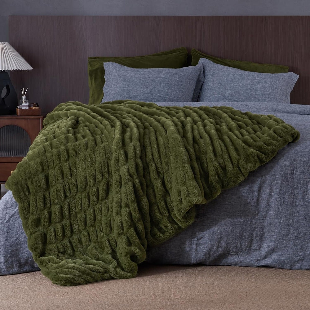 David's Home Double-Sided Faux Rabbit Fur Ruched Throw Blanket, Winter Moss