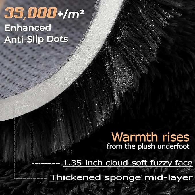 Black Round Rugs for Bedroom: 4ft Circle Fluffy Shag Soft Washable Rug Small - Image 2