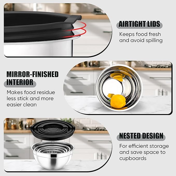 P&P CHEF Mixing Bowls with Airtight Lids Set of 5, 10-Piece Stainless Steel - Image 3