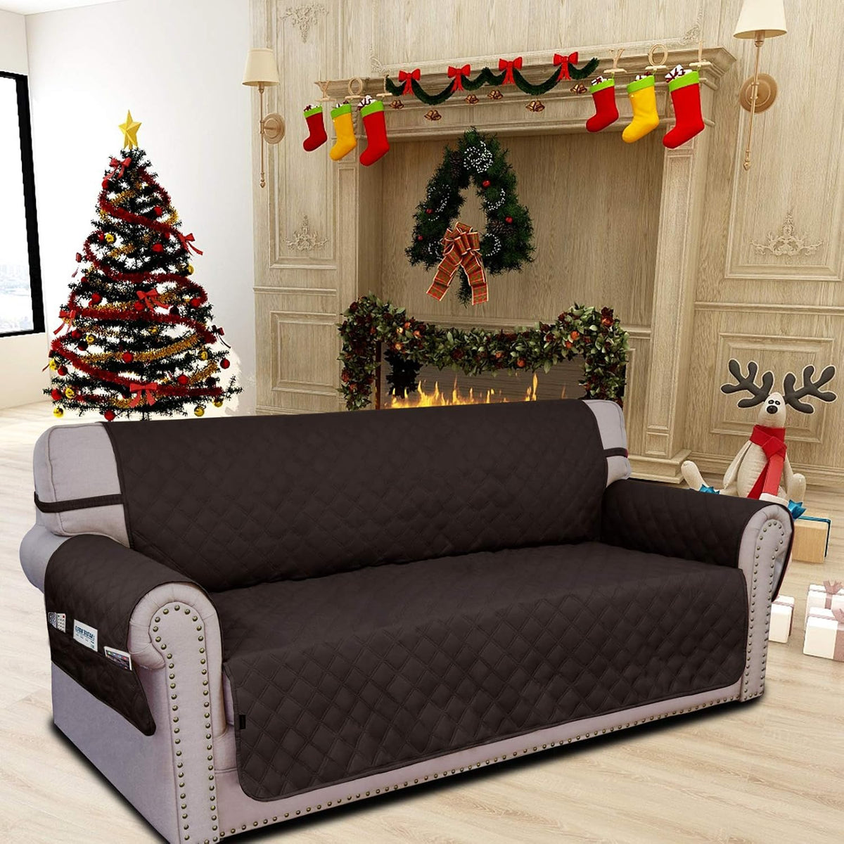 easy-going waterproof non-slip couch cover, oversized sofa, chocolate shown in use