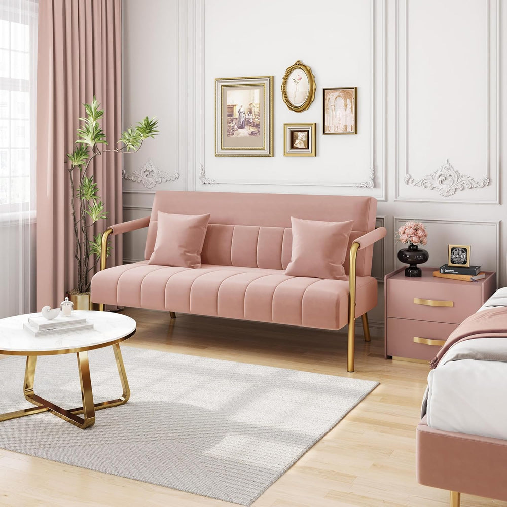 Yaheetech 56.5" Small Sofa 2 Seater Couch with Gold-Tone Legs, Pink