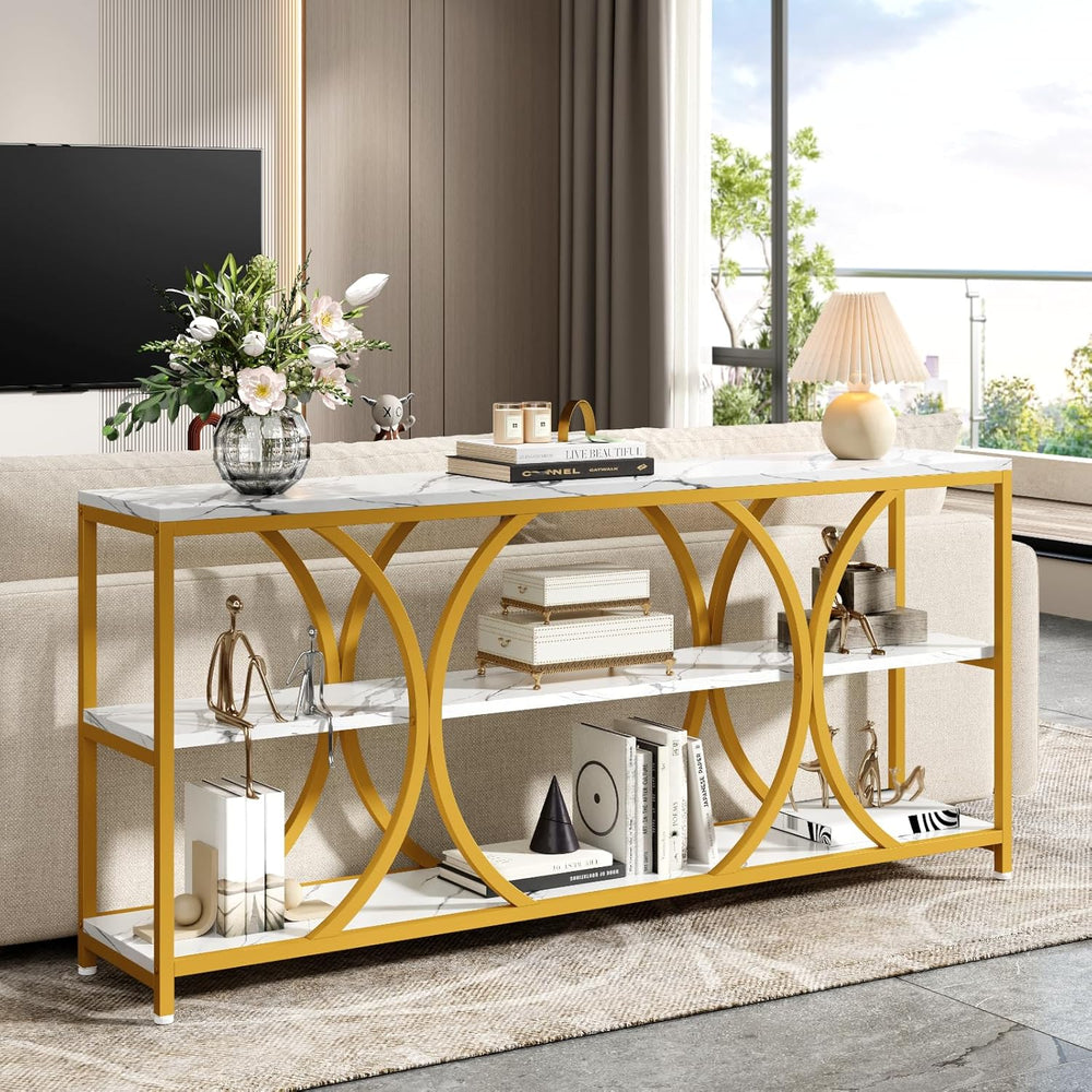 70.8 inch Extra Long Entryway Table,Gold Narrow Sofa Table | 3 Tier Storage S...