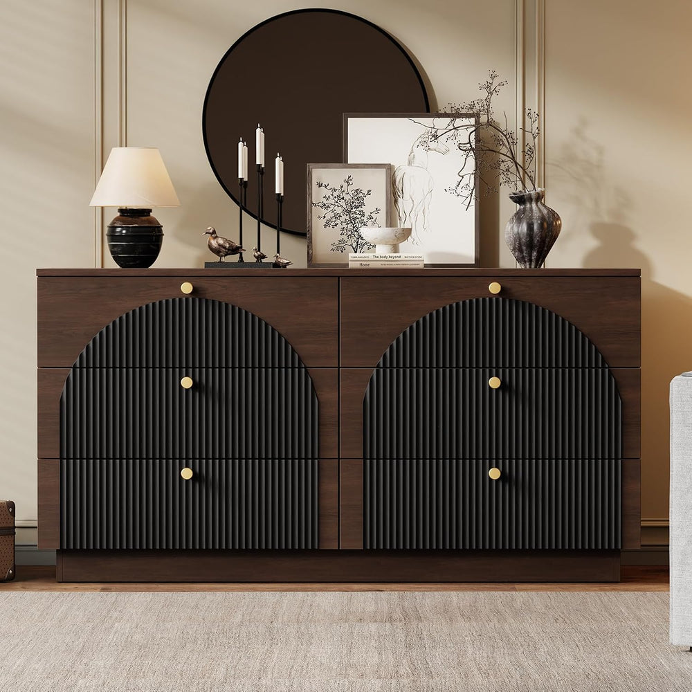 Arched 55" Wide Dresser for Bedroom 6 Drawers Fluted Walnut Black
