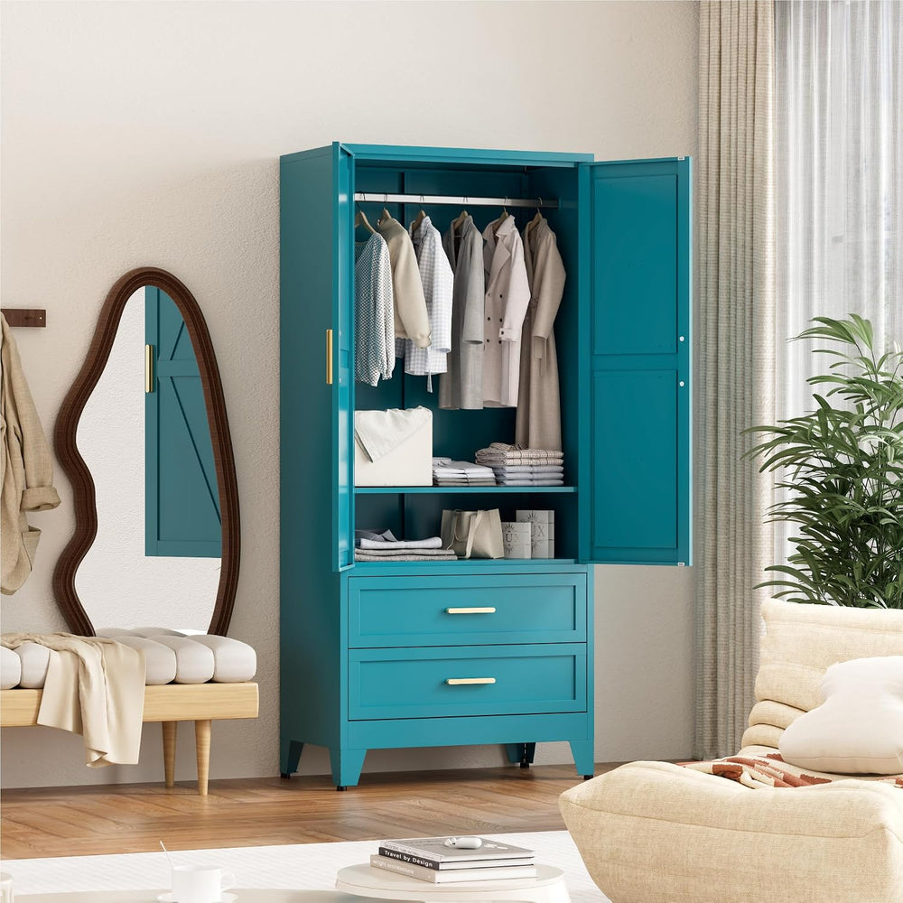 71'' Farmhouse Metal Wardrobe Cabinet with Hanging Rod, 2 Barn Door W...