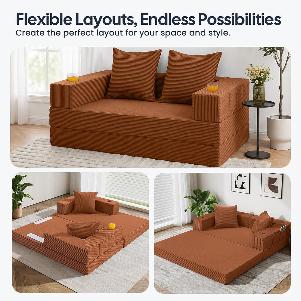 COMAX Boneless Futon Sofa Bed, 59" Small Low-Profile Floor Couch, Orange
