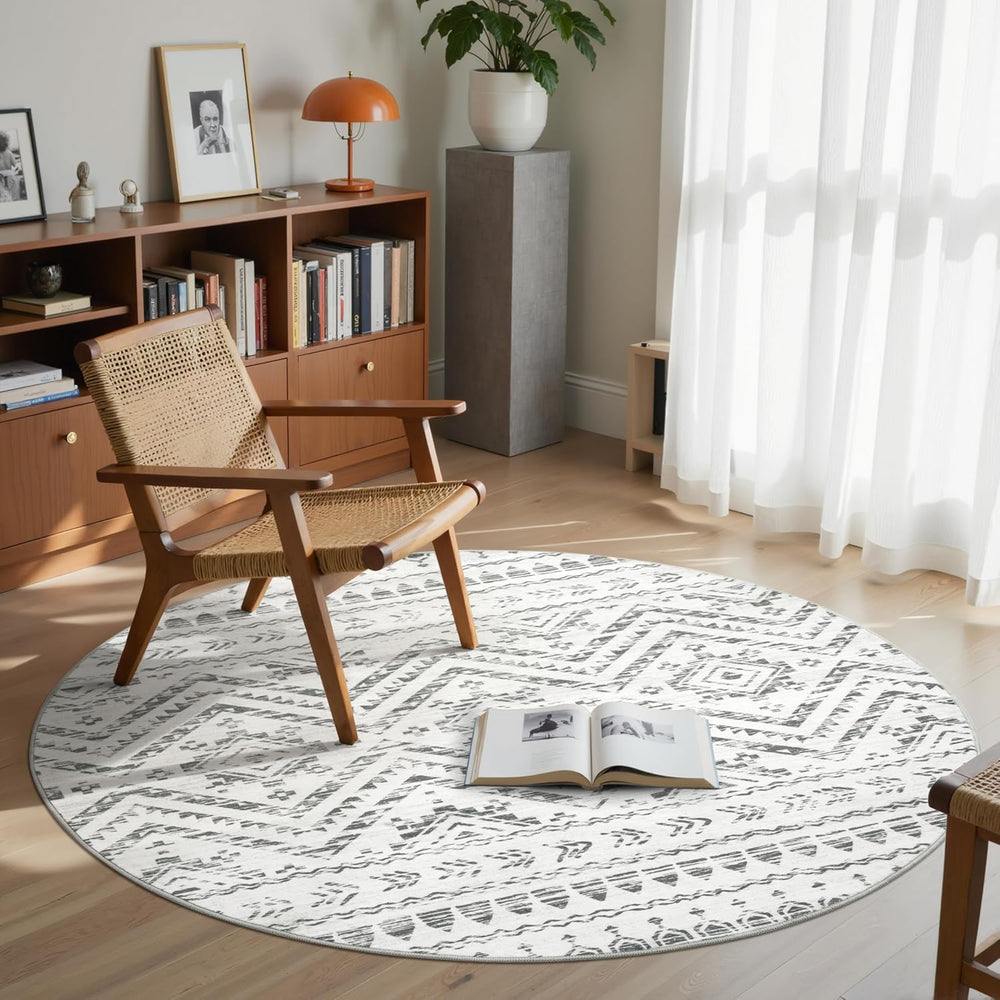Miukiki Round Rugs 6ft for Living Room Moroccan Washable Circle Rug Grey