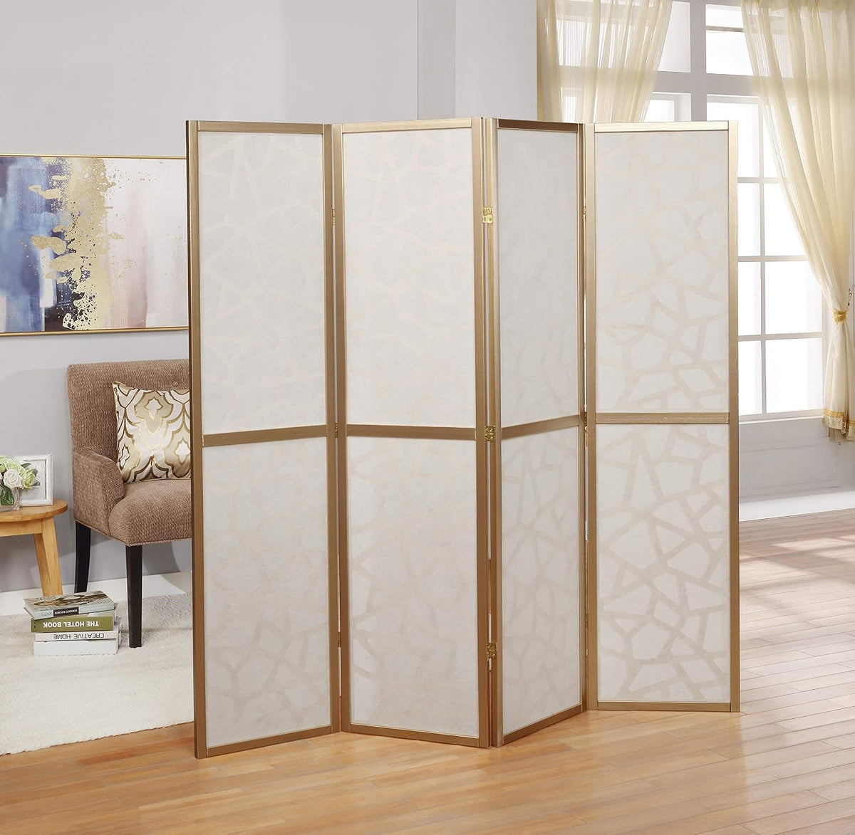 roundhill furniture giyano 4 panel screen room divider, close-up detail