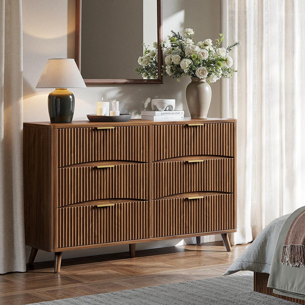 Evermagin 54" Curved Fluted 6-Drawer Dresser, Mid-Century Modern Walnut