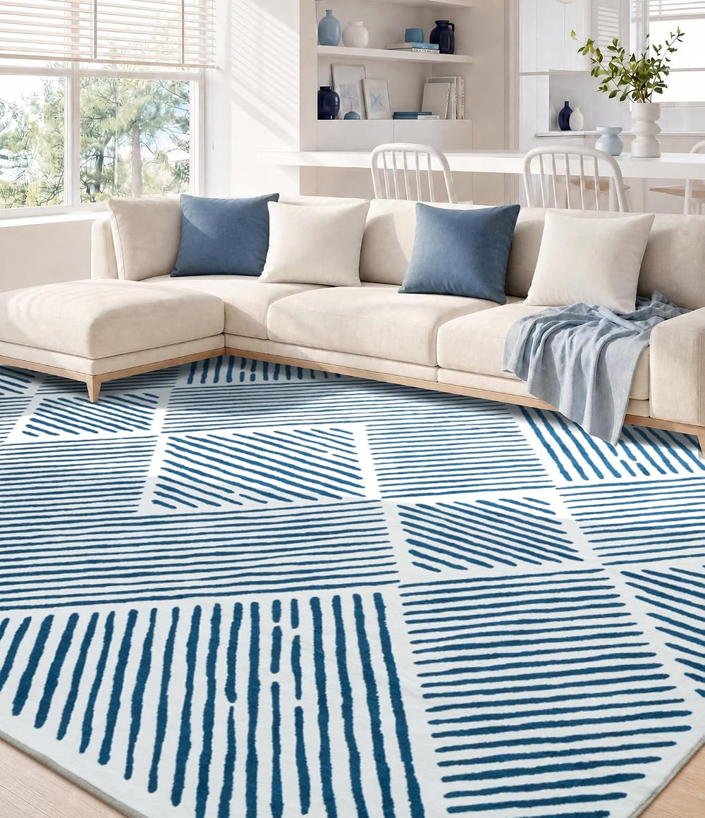 YIHOUSE 8‘x10' Washable Blue and White Rug, Modern Area Rug for Living Room