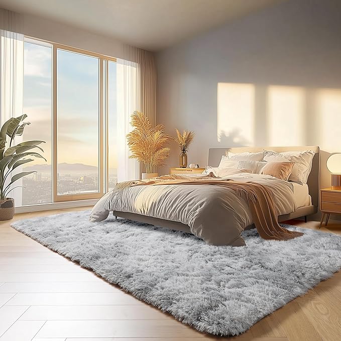 ONASAR Rugs for Living Room Bedroom, 5x8 Fluffy Tie-Dyed Light Grey Bedside - Image 4
