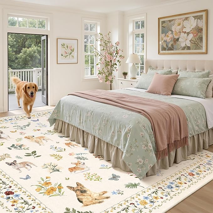 Soalmost Dog 9x12 Area Rugs for Living Room, Machine Washable Animal Floral - Image 3
