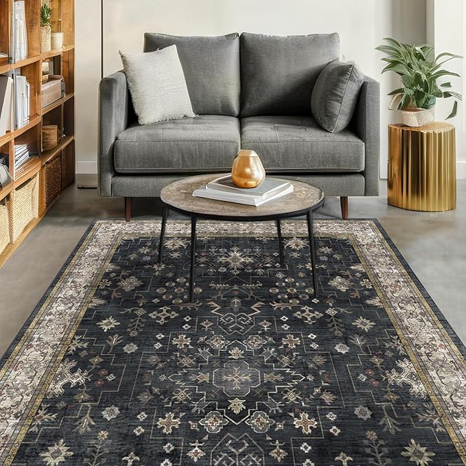 Black Boho Living Room Rug 5x7, Washable Dark Vintage Moody Low Pile Non Slip - Image 9