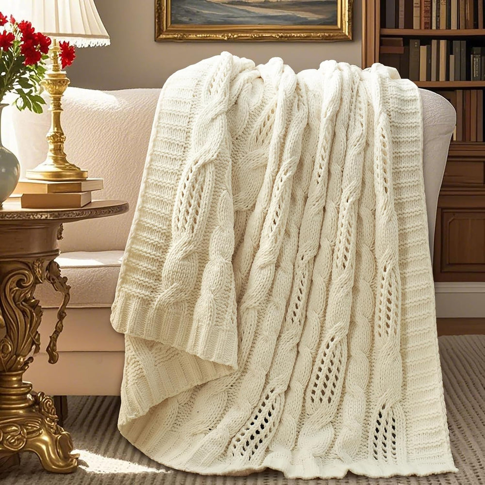 Amélie Home Cable Knit Chenille Throw Blanket, Cream White 60×80